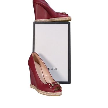 Gucci - Crimson Red Leather Wedge Heels w/ Espadrille Trim Sz 9