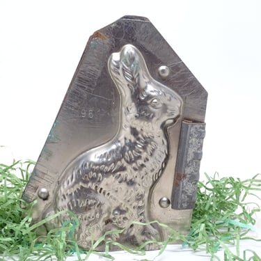 Antique 1920's Chocolate Rabbit Mold #96, Pewter Covered Steel, Vintage Easter Bunny, Double Sided, Original Clip 