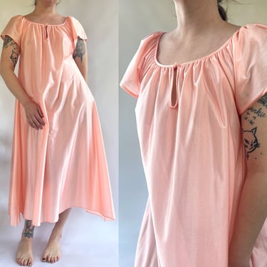 1960s Medium 'Miss Dira' Peach Long Floor Length Nightgown / Sweep Dress / Peachy Pink Orange / A Line 