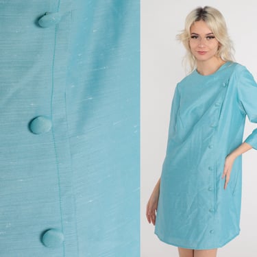 Blue Mod Dress 60s Mini Dress Button Up Dress 70s Shift Dress Long Sleeve Plain 1960s Vintage Space Age Twiggy Mad Men Large L 