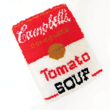 Vintage 60s Campbell's Tomato Soup Hook and Latch Rug 20x27 - 1960s Pop Art Andy Warhol - Small Shag Rug Novelty 