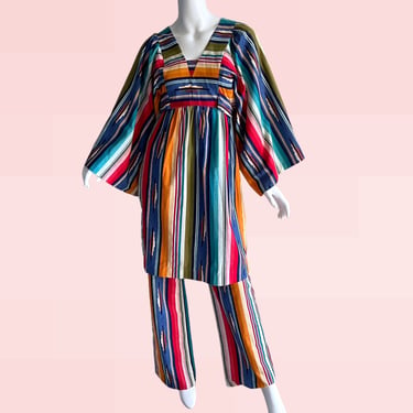 Vintage 1970s Bell Bottoms Pant Suit, Serape Rainbow Angel Sleeves - One-of-a-Kind Festival Retro Boho Pant Set XS 