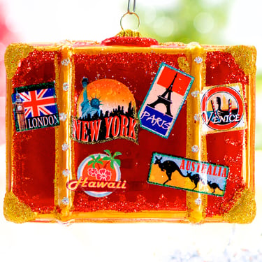 VINTAGE: Glass Luggage Ornament - Mercury Glittery Glass Ornament - London, New York, Paris, Venice, Hawaii, Australia - SKU 00034877 