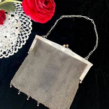 Chain Maille Mesh Purse, Engraved Frame, German Silver, Flapper, Chatelaine, Evening Bridal Wedding 