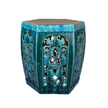 Ceramic Clay Green Turquoise Glaze Hexagon Motif Garden Stool Table cs6998E 