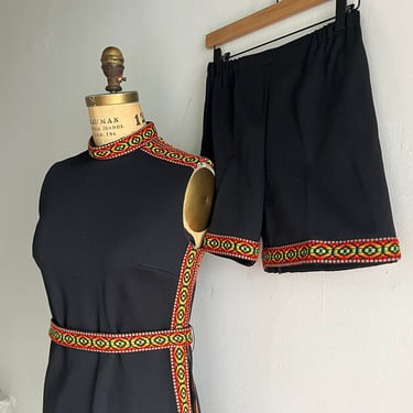 1970s Hostess Dress with Hot Pants Shorts High Slit Vintage 1970s Black and Aztec Ribbon Trim 36 Bust Vintage 