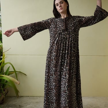 70s Leopard Printed Maxi Dress / Bell Sleeve Hostess Dress / Loungewear / Resortwear Dress / Vacation Caftan / Haute Hippie Tunic Dress 
