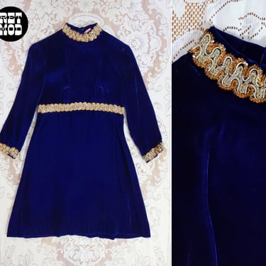 Beautiful &amp; Luxurious Vintage 60s 70s Dark Blue Velvet Mini Dolly Dress with Gold Sequin Trim 