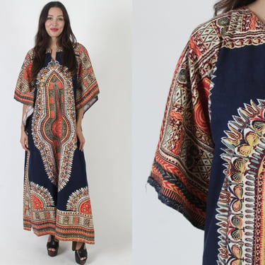 Large Indian Bell Sleeve Ethnic Dashiki Dress / Wing Kimono Style Angel Sleeves / Vintage Bohemian Festival Caftan Extra Large 