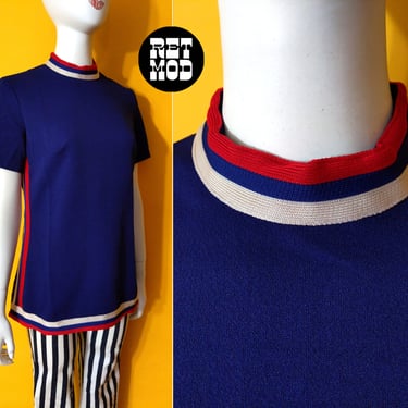 Mod Vintage 60s 70s Navy Blue Tunic Top with Red & Off-White Stripe 