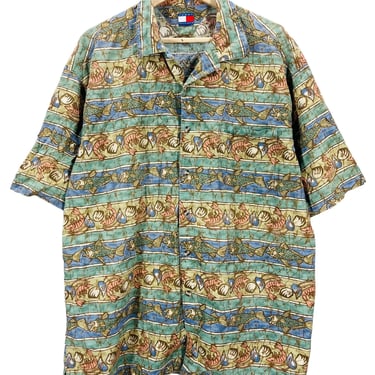 Vintage 90's Tommy Hilfiger Fish & Shrimp Print Hawaiian Shirt XL