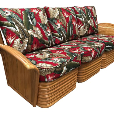 Art Deco Style "Hawaii" Rattan Fan Arm Three-Seat Sectional Sofa 