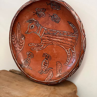 Free Shipping Within Continental US - Vintage Handmade Pottery with Hand painted Animal  Motif in a Terracotta orange color 