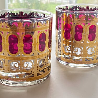 2 Vintage Culver glasses in Cranberry Scroll pattern. Glam gold lowball bar tumblers for icy cocktails & whiskey on the rocks. MCM barware. 