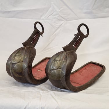 Antique Edo Period Japanese Samurai Iron Stirrups with Brass or Bronze Inlay