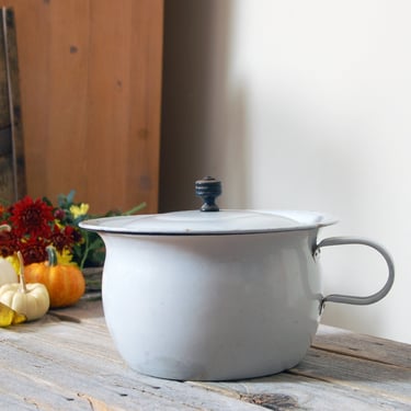 Vintage enamelware chamber pot with lid / vintage McClary enamel chamber pot / farmhouse bathroom decor / vintage planter / compost bucket 