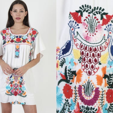 White Mexican Peacock Dress / Colorful Floral Embroidered Bird Shift Dress / Summer Fiesta Mexican Coverup Mini Dress 