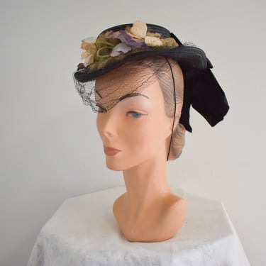 1940s Austelle Black Straw Hat with Silk Flowers and Netting 