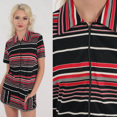 Mod Top 60s Black Striped Shirt Front Zip Blouse Short Sleeve Collared Tunic Top Red White Stripes Micro Mini Dress Vintage 1960s Small S 