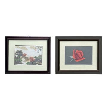 Set of 2 Oriental Chinese Embroidery Flower Scenery Framed Art Decor ws3205E 
