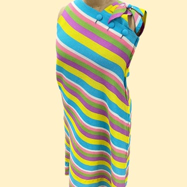Vintage Asymmetrical Hem Dress Retro 1960s Mid Century Modern + No Size/Homemade + Diagonal Stripes + Crepe Fabric + Maxi + Womens Fashion 