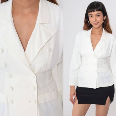 White Blazer 90s Deep V Neck Blazer Jacket Double Breasted Button Up Jacket Tailored Fitted Basic Plain Minimal Vintage 1990s Small S 4 
