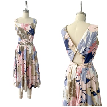 80s Floral Print Cotton Jumpsuit / 1980s does 50s Vintage Sun Summer Day Dress / Medium / Size 6 to 8 