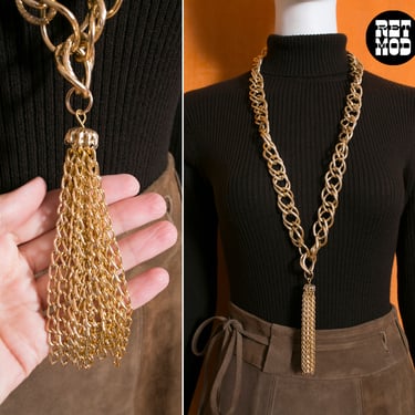 Chunky Vintage 70s Gold Chain Necklace with Tassel Pendant 