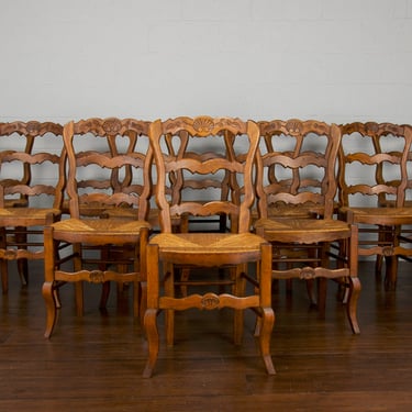 Antique Country French Provincial Ladder Back Beech Rush Dining Chairs - Set of 12 