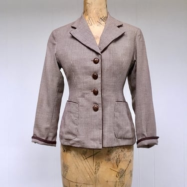 Vintage 1950s Wool Houndstooth Jacket, Ivory/Brown Fitted Hourglass Jacket, Girl Friday New Look Blazer, Extra Small 32 Inch Bust 