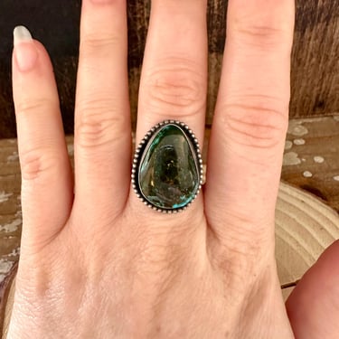 TURQUOISE SHELL Sterling Silver and Green Turquoise Ring | A T hallmark | Native American Navajo Style Jewelry Southwestern | Size 6 