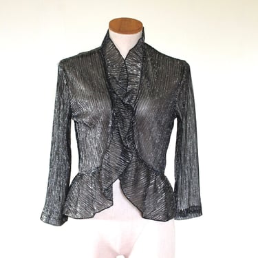 Vintage Metallic Open Front Ruffled Peplum Blouse - Sheer Black and Silver - Small 