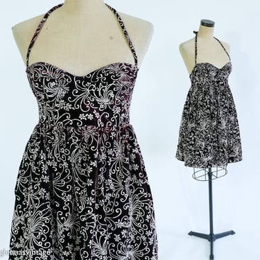 Betsey Johnson | 1990s Black Print Mini Dress | 1990s Burgundy & White Halter Dress | Betsey Johnson | Small 