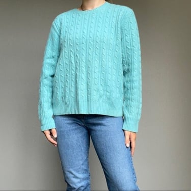 Vintage Women Blue Cable Knit Angora and Lambswool Crewneck Sweater Size Large 