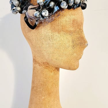 50s Silver Black Floral Crown Fascinator Headpiece Hat 