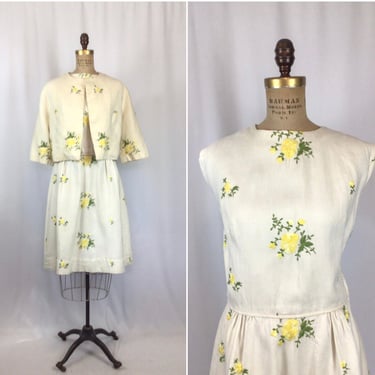 Vintage 50s dress | Vintage sunshine yellow floral two piece dress suit | 1950s embroidered dress and jacket 