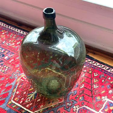 Large Antique Hand Blown Carboy Glass Demijohn Bottle in Green 