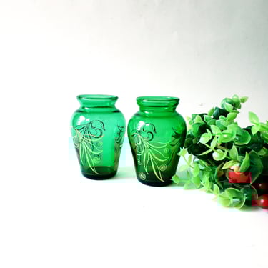 2 Vintage Emerald Green Bud Vase/ Anchor Hocking Forest Green Mini Vases/ Mid Century/ 1950s/ Retro Home Decor/Wedding Christmas Decor 