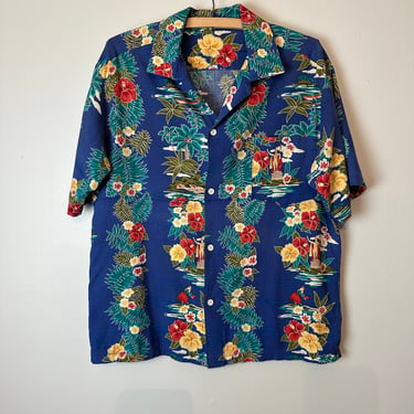 Hawaiian shirt 80’s 100% cotton button up hula Hawaii theme print~ Men’s Medium 