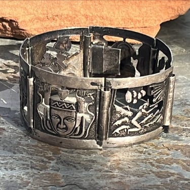 Vintage Peru Sterling Silver Square Panel Story Teller Link Bracelet - Mid Century 