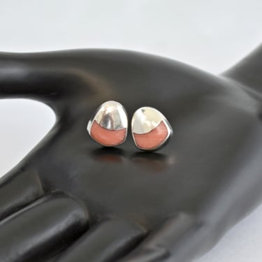 Modernist 60's pink coral sterling studs, 925 silver salmon coral puffy triangle earrings 