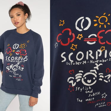 Scorpio Sweatshirt 90s Ken Done Astrology Sweatshirt Zodiac Scorpion Graphic Crewneck Raglan Sleeve Navy Blue Vintage 1990s Medium Large 