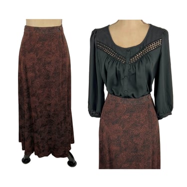 90s Rayon Maxi Wrap Skirt Medium, Dark Colored Rust Black Two Tone Print, Flowy Casual Long Skirt, 1990s Clothes Women Vintage CAROLE LITTLE 
