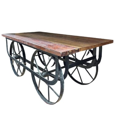 Industrial Iron & Wood Railroad Style Rolling Trolly Cart Coffee Table 