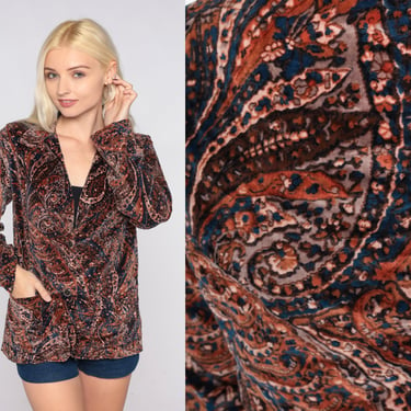 Paisley Velvet Jacket 80s Abstract Print Blazer Button up Jacket Boho Hippie Coat Statement Pattern Bohemian Brown Vintage 1980s Small S 