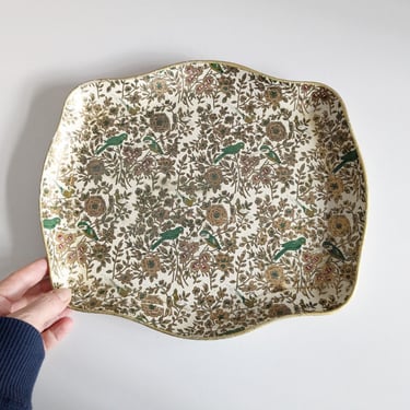 Vintage serving tray, papier-mache tray, decorative tray bird motif 