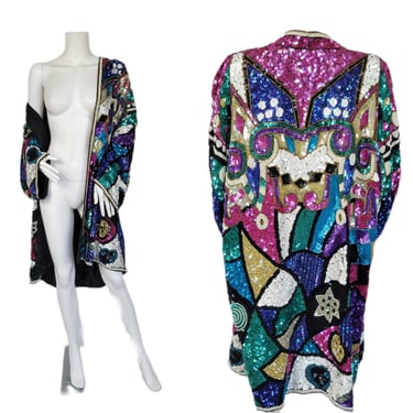 Judith Ann Silk 1980's Jewel Tone Purple Blue Beaded Stars Sequin Oversized Jacket I Duster Coat I Sz O/S 
