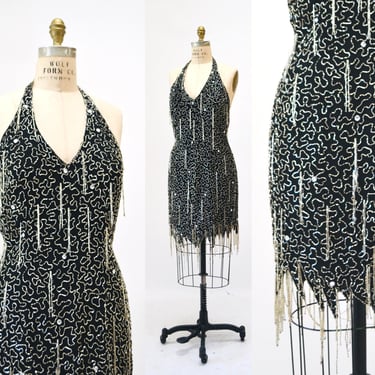 90s Vintage Black Silver Beaded Fringe Showgirl Dress Medium // 90s Black Silver Beaded Halter Dress Party Fringe Flapper Dress Nite line 