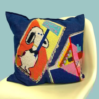 Vintage Needlepoint Throw Pillow 1970s Retro Size 13x13 Mid Century Modern + Snoopy + Puppy Power + Denim + Orange Fish + Handmade Textile 