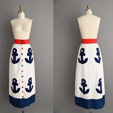 vintage 1950s Dress | Lanz Oversized Anchor Cotton High Waist Skirt | Small 